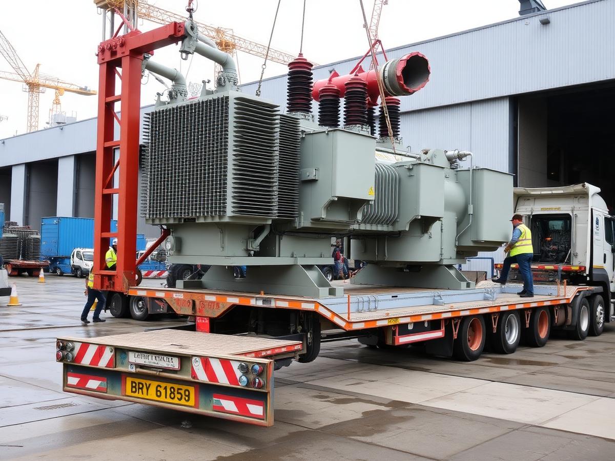 An oversized transformer being loaded onto a multi-axle heavy haul trailer