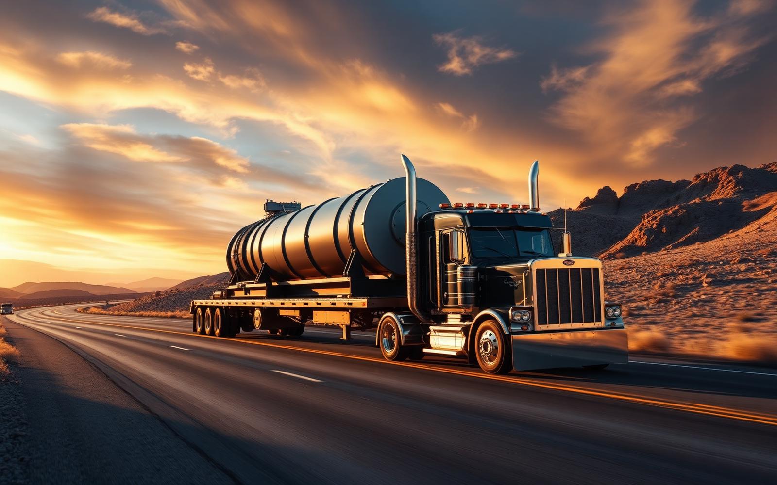 Heavy haul flatbed truck carrying an oversized industrial load on an open highway